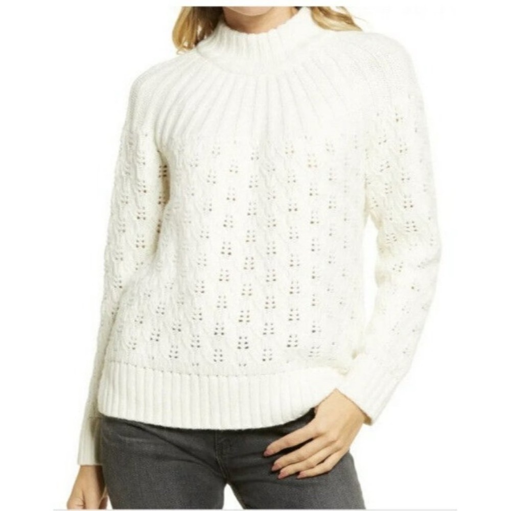 Madewell Sweater Pointelle Stitch Mockneck Merino Wool Cream Women’s Size Medium